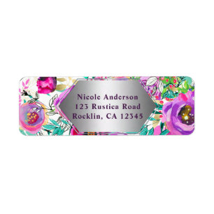 Etiqueta Padrão Floral Moderno Colorido Rosa Roxo Brilhante