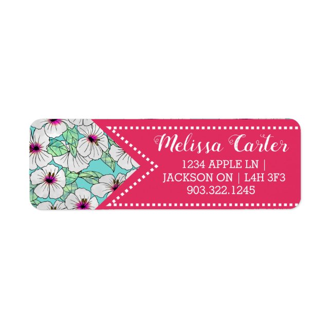 Etiqueta Padrão Floral Tropical de Hibiscus Rosa e Branco (Frente)