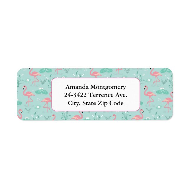 Etiqueta Padrão Verde Flamingos Rosa Pastel (Frente)