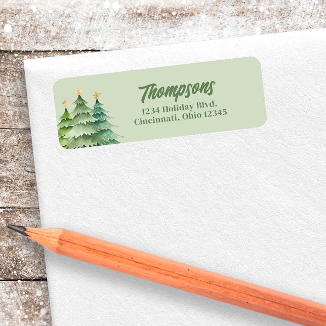 Etiqueta Palavra de Regresso Verde das Árvores de Natal (Christmas trees green retro style return address labels.)