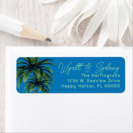 Etiqueta Palm Trees Blue Script Names endereço de retorno