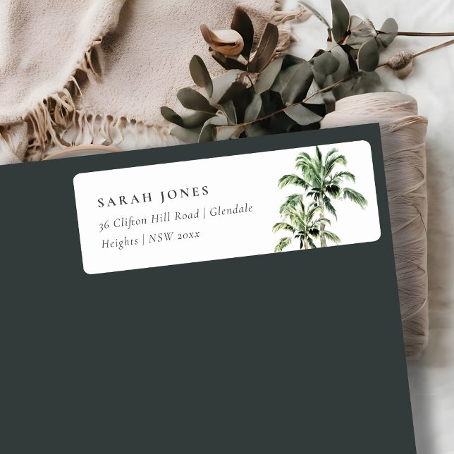 Etiqueta Palmeiras de praia tropical Endereço de aquarela (Criador carregado)