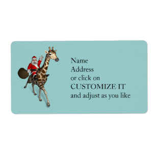 Etiqueta Papai Noel Andando Uma Girafa