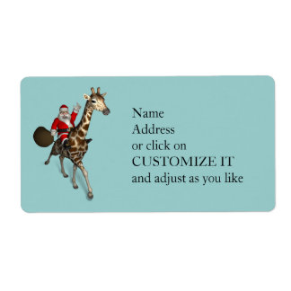 Etiqueta Papai Noel Andando Uma Girafa