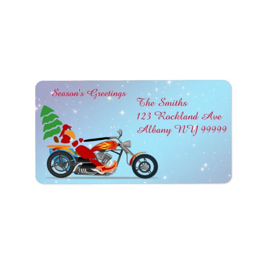 Etiqueta Papai noel em uma motocicleta com árvore