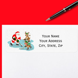 Etiqueta Papai Noel Jogando Hóquei com Rena de Natal