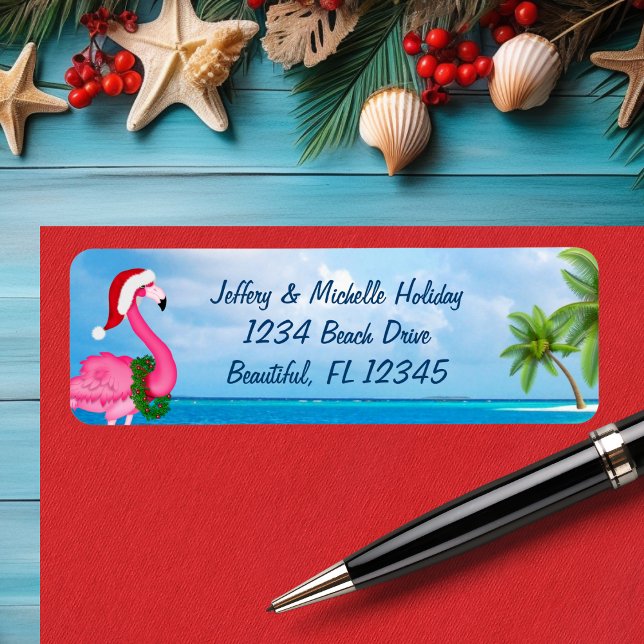 Etiqueta Papais noeis Rosa Flamingo Christmas Beach Address (Santa Pink Flamingo Christmas Beach Address Label)