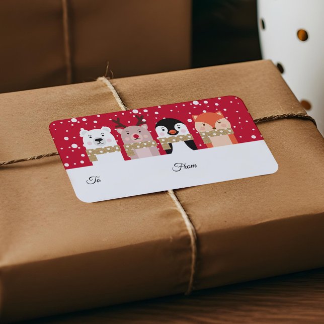 Etiqueta Para e de Reindeer, Urso Polar, Pinguim e Raposa (To & From Reindeer, Polar Bear, Penguin & Fox Label)