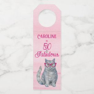 Etiqueta Para Garrafa 50 & Fabuloso Gato, Rosa e Cinza, 50º Aniversário