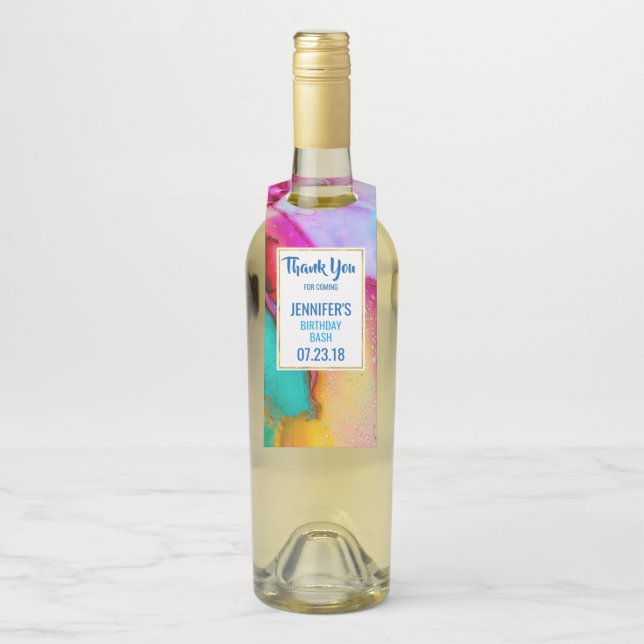 Etiqueta Para Garrafa Água-marinha Abstrata Rosa e Turquesa em Aquarela (Na garrafa)