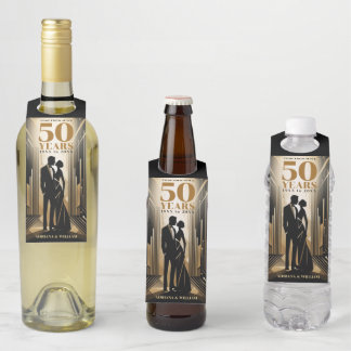 Etiqueta Para Garrafa Aniversário de Casamento Preto e Dourado Art Déco