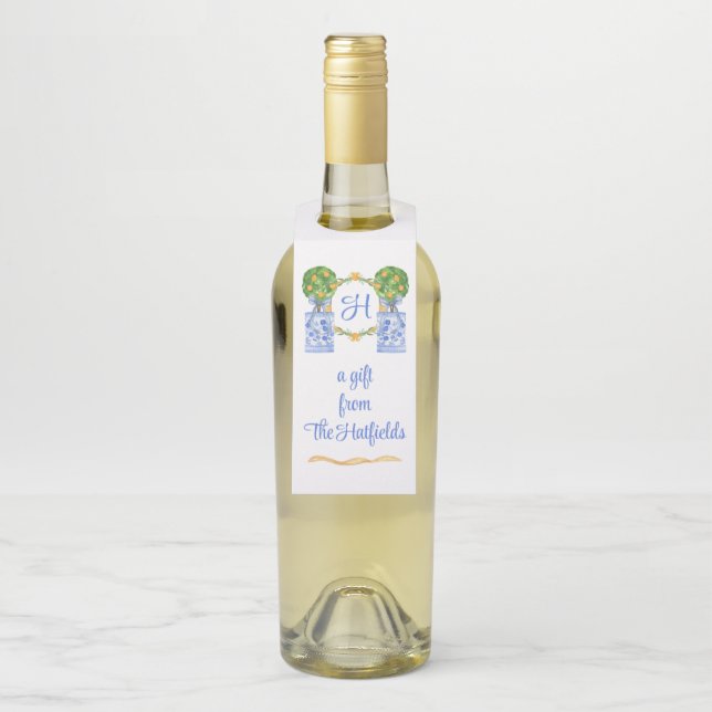 Etiqueta Para Garrafa Aquarela Chinoiserie Topiária de Citrino Monograma (Na garrafa)