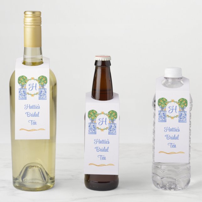 Etiqueta Para Garrafa Aquarela Chinoiserie Topiária Monograma Citrino (In Situ)