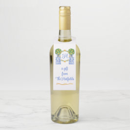 Etiqueta Para Garrafa Aquarela Chinoiserie Topiária Monograma Citrino