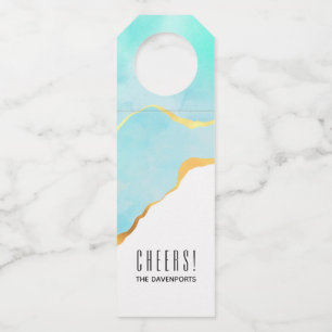 Etiqueta Para Garrafa Azul Tropical Tranquila Verde com Borda Dourada