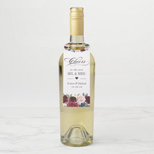 Etiqueta Para Garrafa Beijos de Noiva Vermelho Borgonha Floral Azul