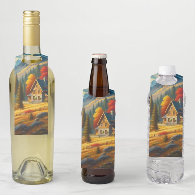 Etiqueta Para Garrafa Casa rústica de outono na montanha & rio (In Situ)