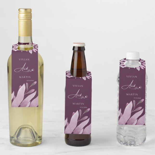 Etiqueta Para Garrafa Casamento das Folhas Elegante Burgundy (In Situ)