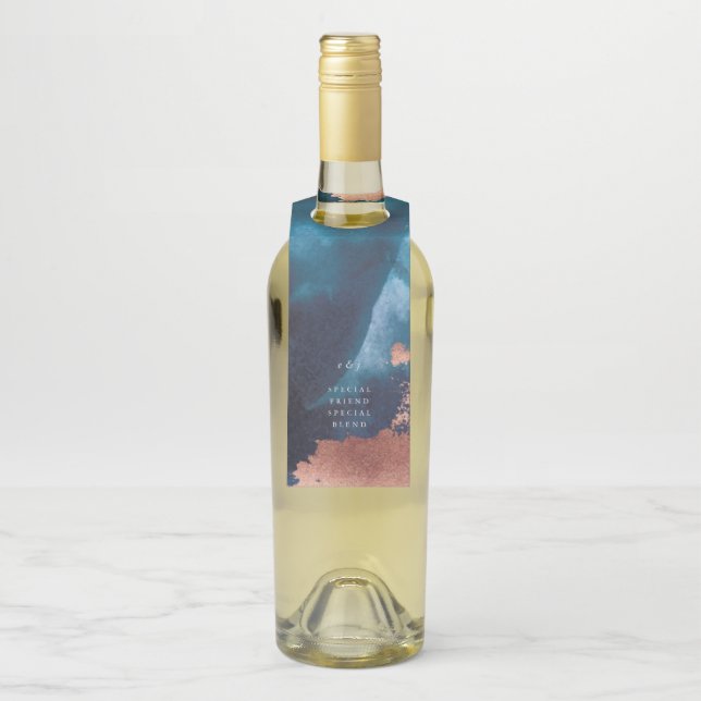 Etiqueta Para Garrafa Casamento Dourado com Rosa Azul-Marinho Azul (Na garrafa)