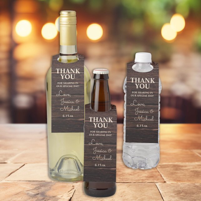 Etiqueta Para Garrafa Casamento Rustic Wood Cream Obrigado (Rustic wood wedding "Thank you" bottle hangers)
