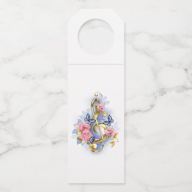 Etiqueta Para Garrafa Clave de sol com rosas rosa (Frente)