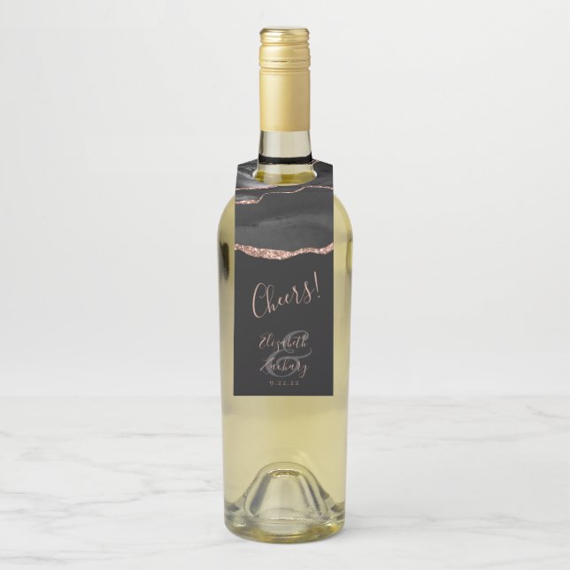 Etiqueta Para Garrafa Elegante Ágata Rosa Preto Dourado Casamento Cheers (Na garrafa)