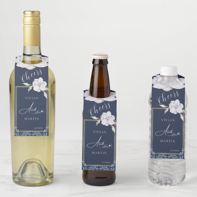 Etiqueta Para Garrafa Elegante Moldura Dourada Rosa Azul Marinho Casamen (In Situ)