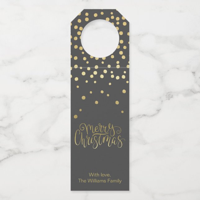 Etiqueta Para Garrafa Escrito Dourado Elegante e Natal Preto Confetti (Frente)