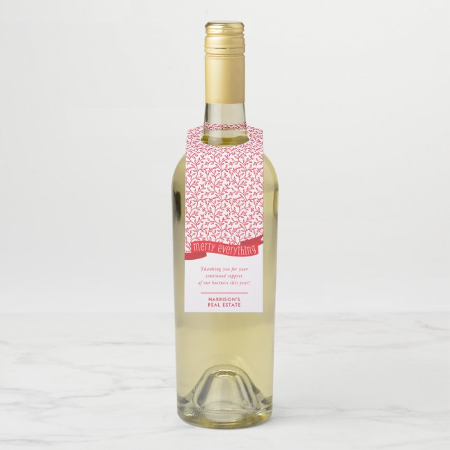 Etiqueta Para Garrafa FELIZ TUDO BANNER padrão foliar moderno vermelho (Na garrafa)