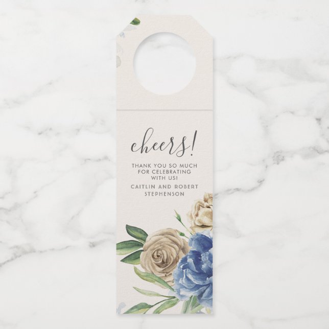 Etiqueta Para Garrafa Flores Azul Poeira e Marfim Aquarela (Frente)