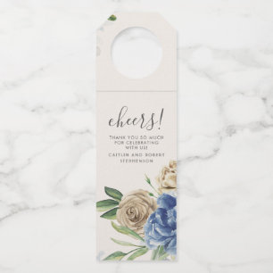 Etiqueta Para Garrafa Flores de Aquarela em Azul Desbotado e Marfim