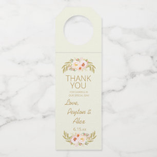 Etiqueta Para Garrafa Folhas Douradas Floral Rosa Creme Marfim Obrigado 