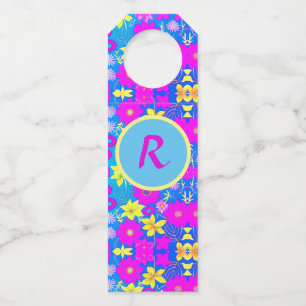 Etiqueta Para Garrafa Fundo com padrão de flores rosa azul amarelo adici