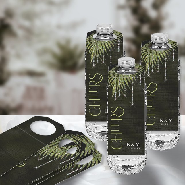 Etiqueta Para Garrafa Jewel Palm Leaf Wedding Cheers Green ID830 (Front/Back In Situ)
