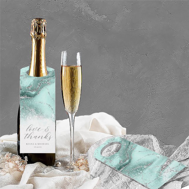 Etiqueta Para Garrafa Marble Glitter Wedding Obrigados Teal Silver ID644 (Front/Back In Situ)