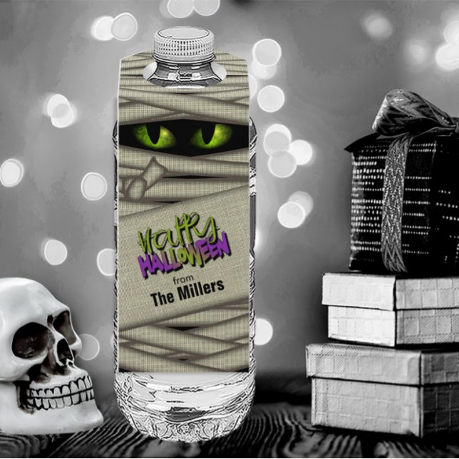 Etiqueta Para Garrafa Mummy Eyes Halloween Green ID685 (Water Bottle In Situ)