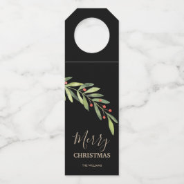 Etiqueta Para Garrafa Ramo e Bagas em Preto Feliz Natal
