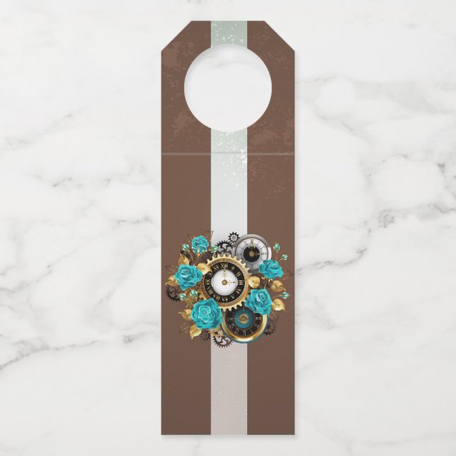 Etiqueta Para Garrafa Relógio e Rosas de Turquesa em Striping (Frente)