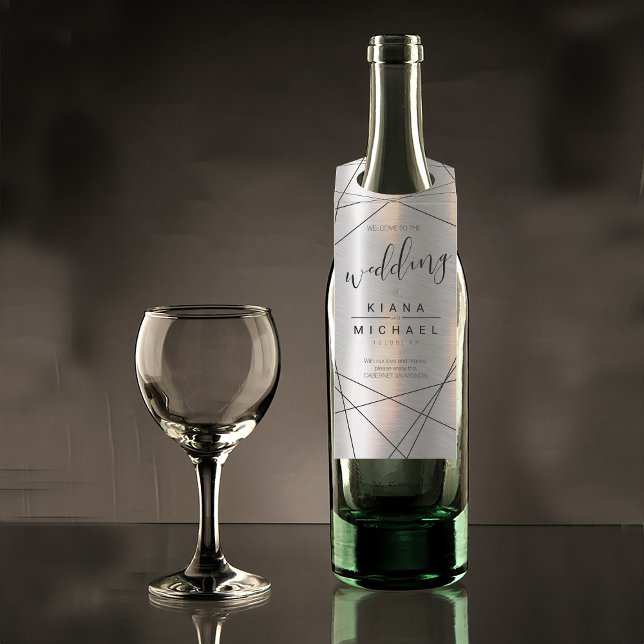 Etiqueta Para Garrafa Silver Geométrico Metálico/Black ID648 (Wine Bottle In Situ)