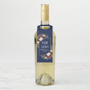 Etiqueta Para Garrafa Sr. e Sra. Azul Borgonha Floral Casamento