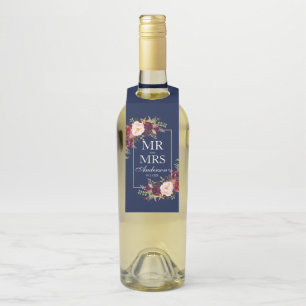 Etiqueta Para Garrafa Sr. e Sra. Floral Bordeaux Azul Bodas de Ouro