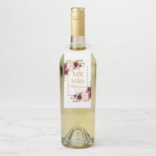 Etiqueta Para Garrafa Sr. e Sra. Floral Dourado Casamento