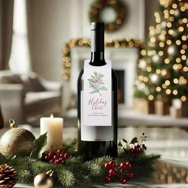 Etiqueta Para Garrafa Watercolor Christmas Holly & Berries (Christmas wine gift tags watercolor art by Victoria Grigaliunas of Do Tell A Belle)