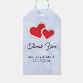Etiqueta Para Presente 2 Papel Vermelho Corações sobre Casamento Azul-Mar