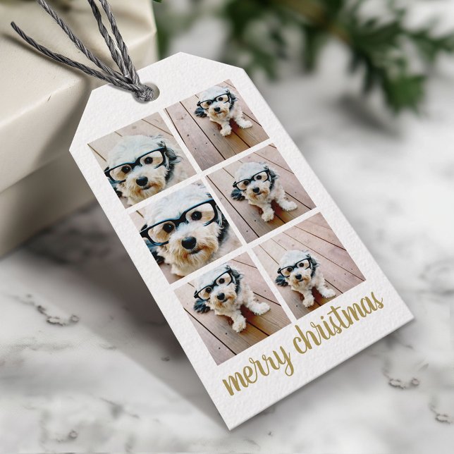 Etiqueta Para Presente 6 Colagem de Fotos Feliz Natal Script Estrelas Dou (Custom Photo Gift Tag - Add your pictures and text)