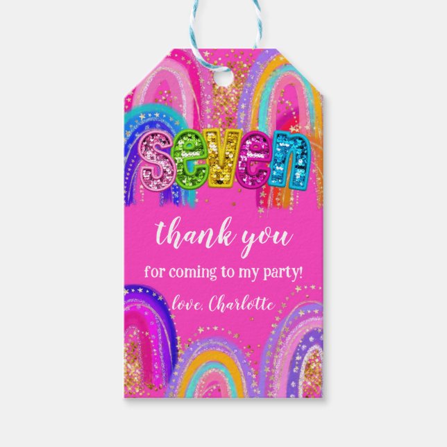 Etiqueta Para Presente 7 Birthday Rainbow Hot Pink Party (Frente)