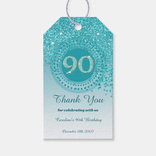 Etiqueta Para Presente 90 de Aniversário do Azul-Teal Moderno (Frente)
