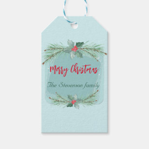Etiqueta Para Presente A coroa de Natal com galhos sagrados e chuvosos.