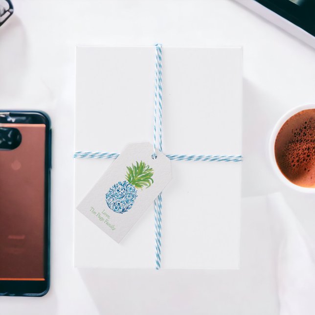 Etiqueta Para Presente Abacaxi Chinoiserie Azul Branco Personalizado (Criador carregado)