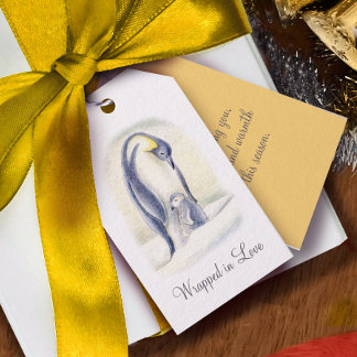 Etiqueta Para Presente Abraço de pinguim na neve mão aquarela Natal